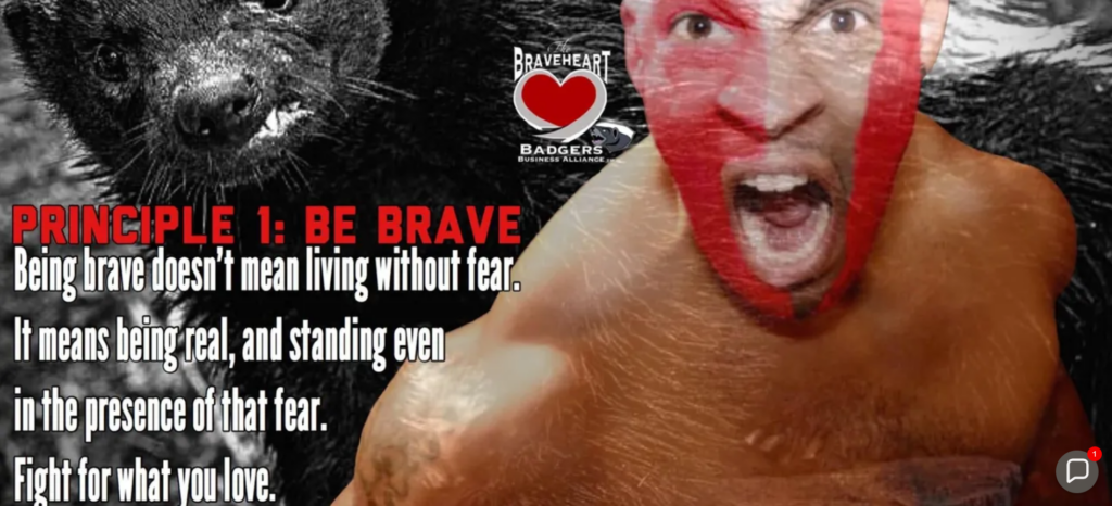 Close-up of Coach Nick with a determined expression, featuring Braveheart Fitness branding and motivational text about courage.